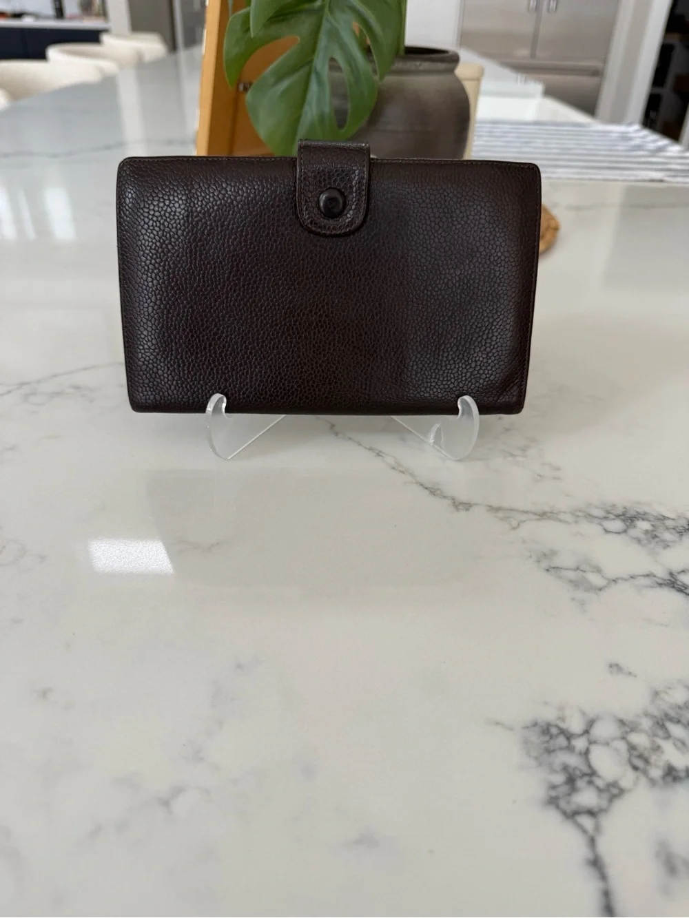 CHANEL Dark Brown Quilted Caviar Leather Wallet with CC Logo